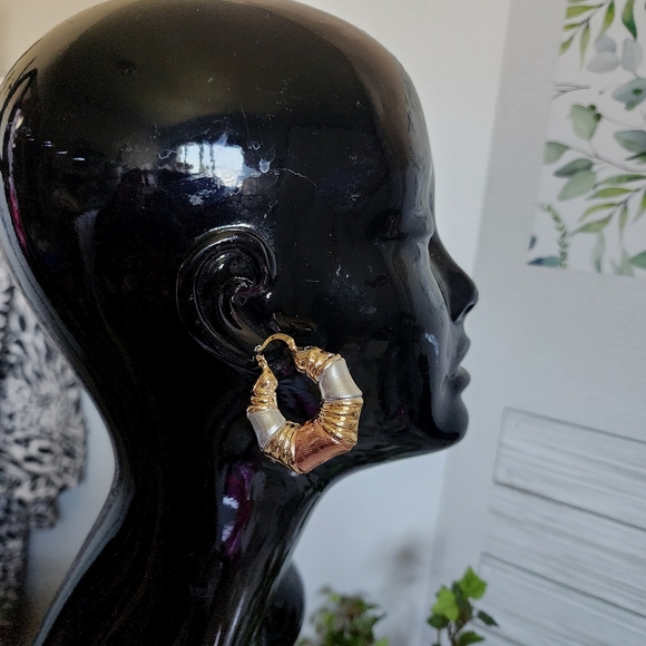 Tricolor Gold Filled Chunky Hoop Earrings Greek Key Design - Picture 7 of 8